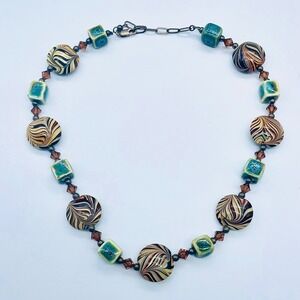 Vintage Art Glass Feathered Swirled Beaded‎ Necklace Stering Chain